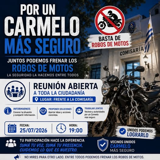 ROBO DE MOTOS EN CARMELO: AUTOCONVOCATORIA EN REDES SOCIALES PARA LLEVAR A CABO UNA PROTESTA VECINAL FRENTE A LA COMISARÍA