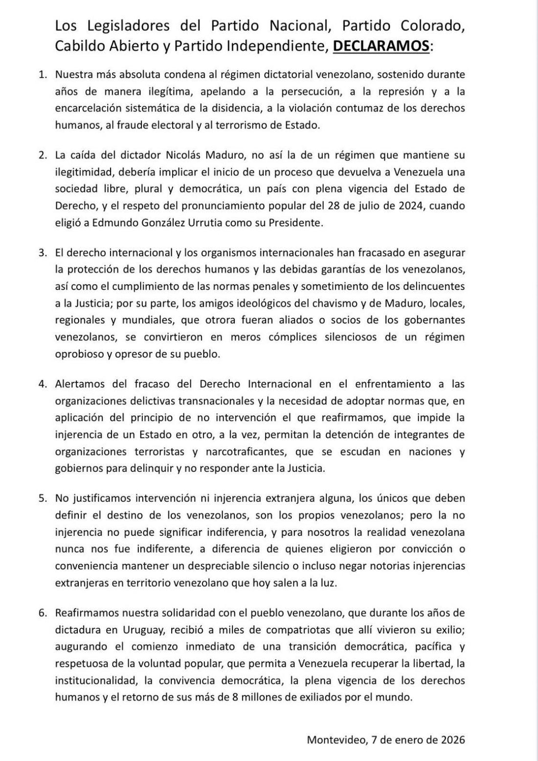 LEGISLADORES URUGUAYOS EMITIERON DECLARACIÓN SOBRE LA SITUACIÓN EN VENEZUELA