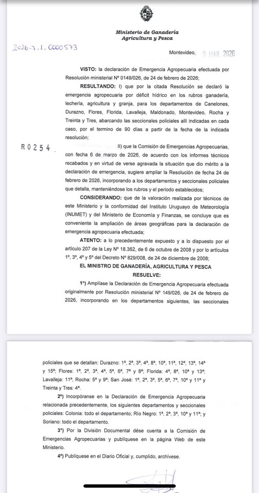MINISTERIO DE GANADERÍA, AGRICULTURA Y PESCA AMPLIÓ LA RESOLUCIÓN DE EMERGENCIA AGROPECUARIA
