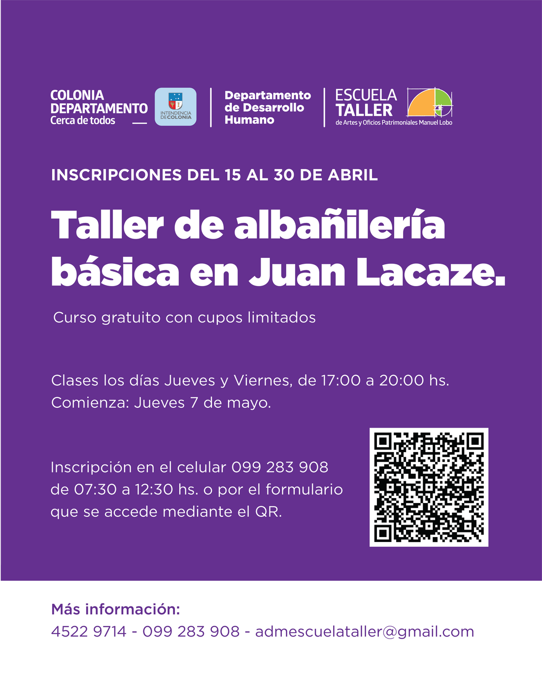 INSCRIPCIONES PARA CURSO DE ALBAÑILERÍA BÁSICA EN JUAN LACAZE